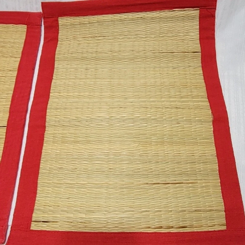Vintage Woven Straw Placemats Set of 2 Red Fabric Border Natural Tan 18x12